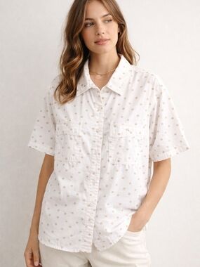 Vintage 90s Cabin Creek Polka Dot Button Up Shirt Womens Large White Beige Retro